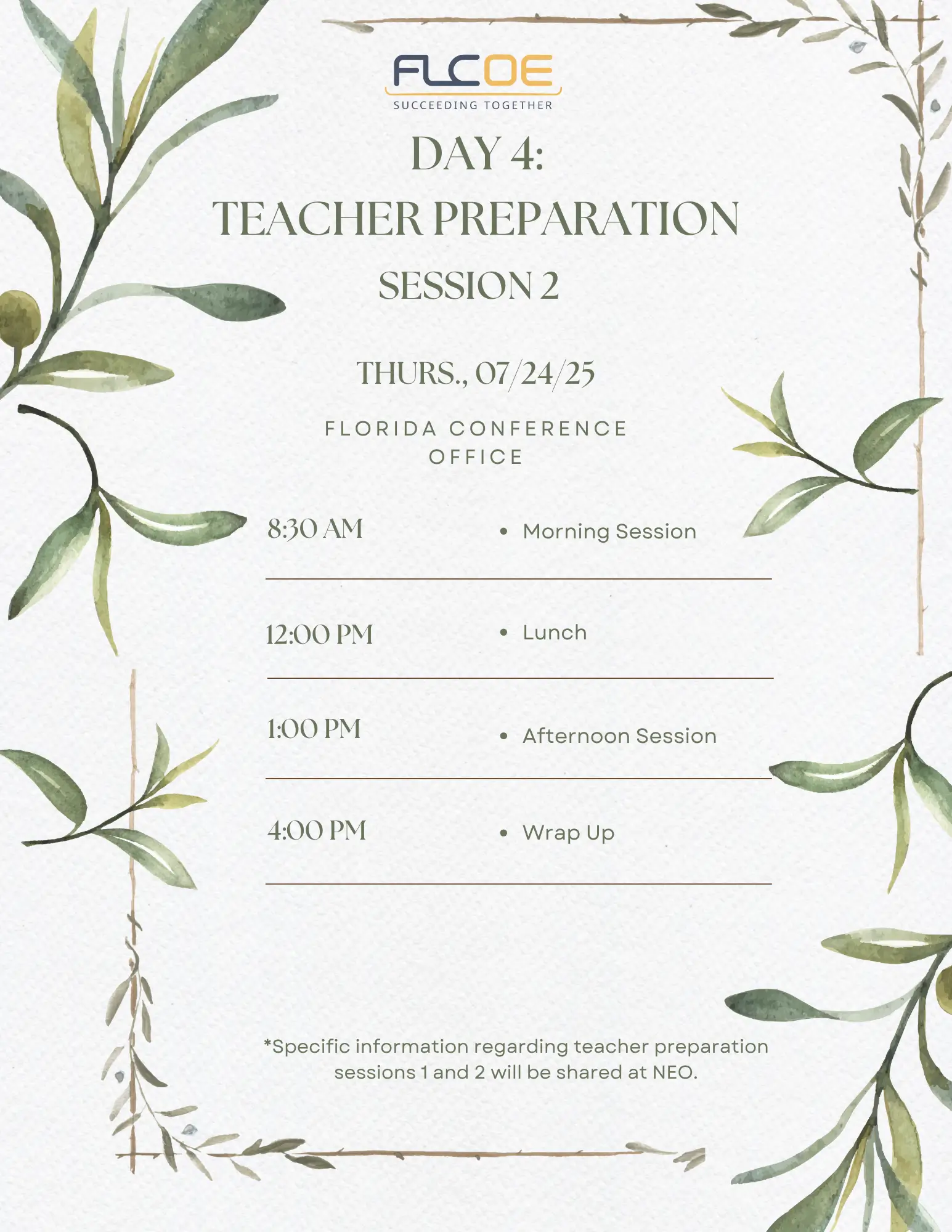 NEO Day 4 Schedule of New Educator Orientation