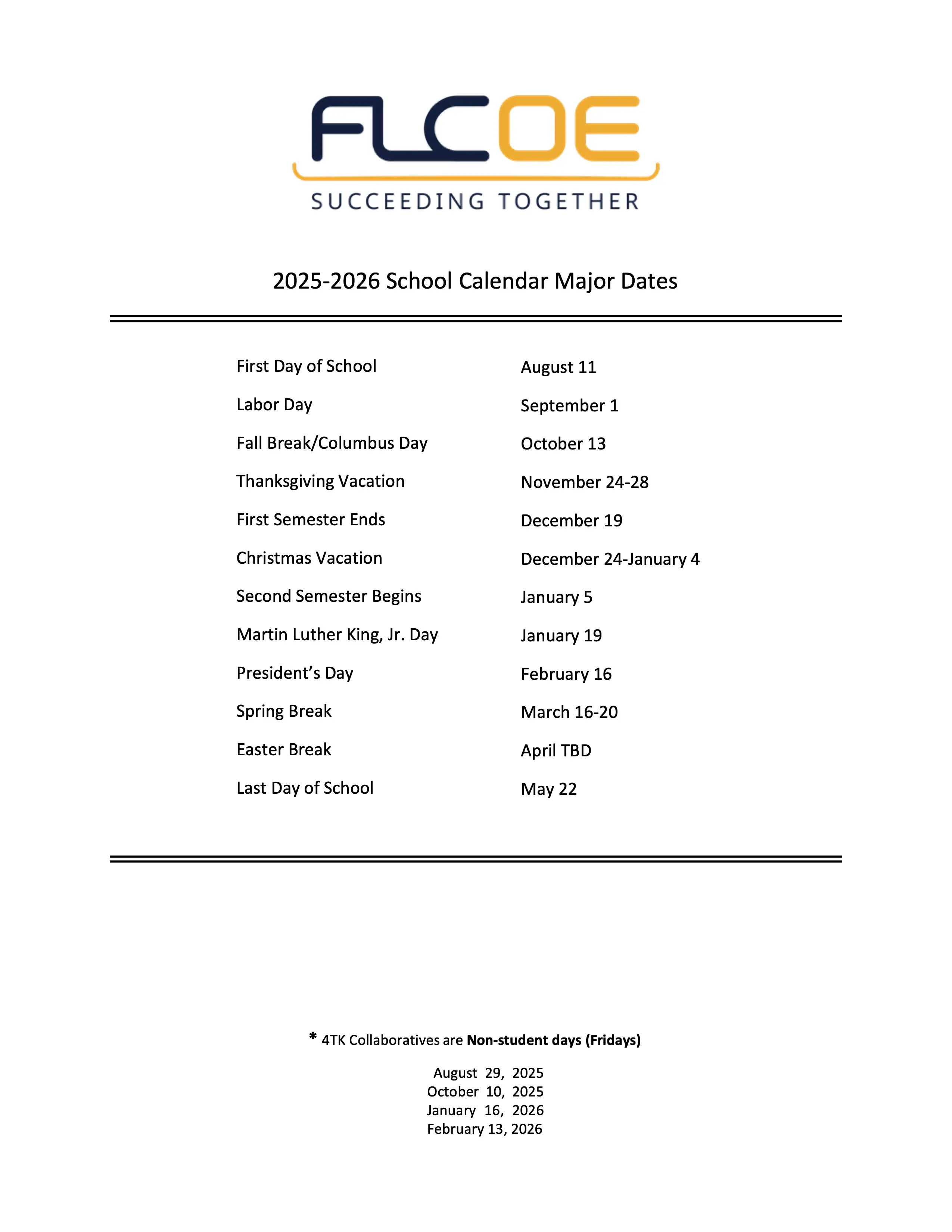 2025–2026 FLCOE school calendar with major dates