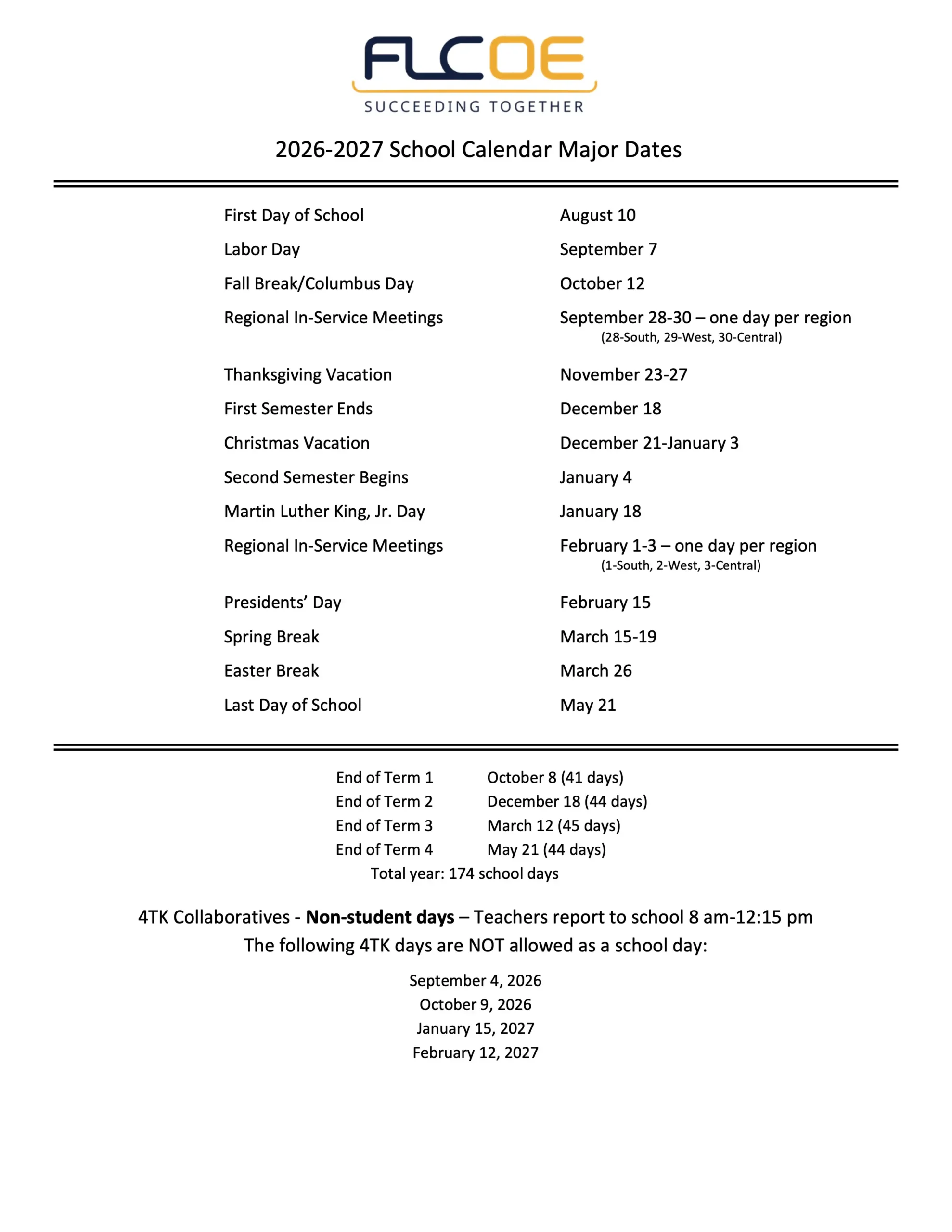 2026-2027 School Calendar Major Dates