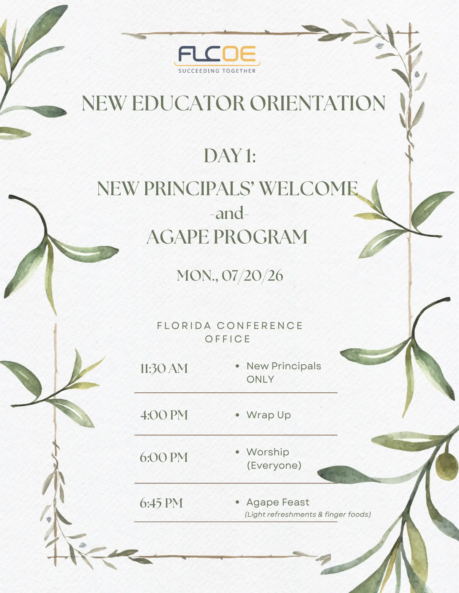 Event flyer announcing New Educator Orientation with schedule details and botanical border artwork (floral greens). Readable headline centered: New Educator Orientation.