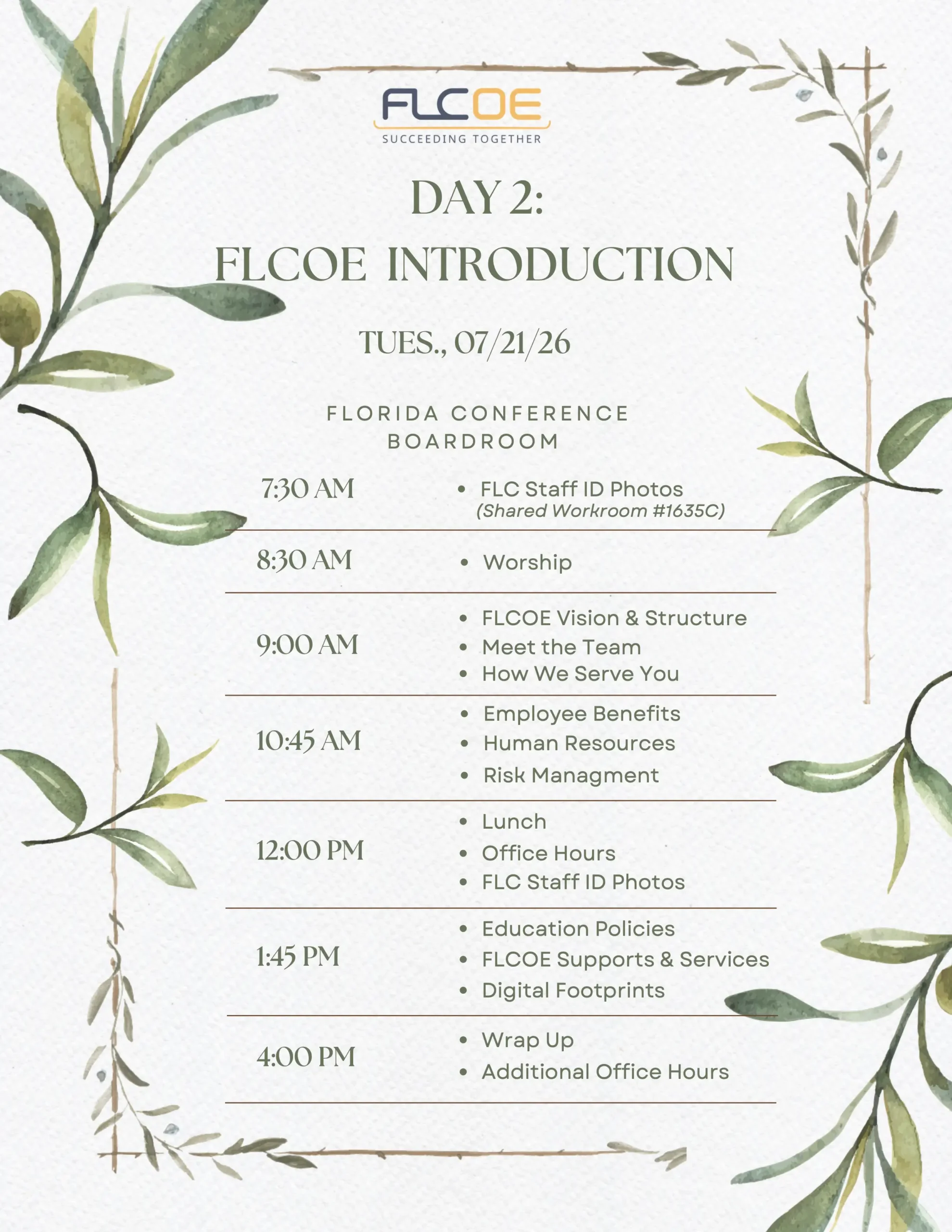 Day 2 schedule card for FLCOE Introduction with times and topics, decorative botanical border nearby