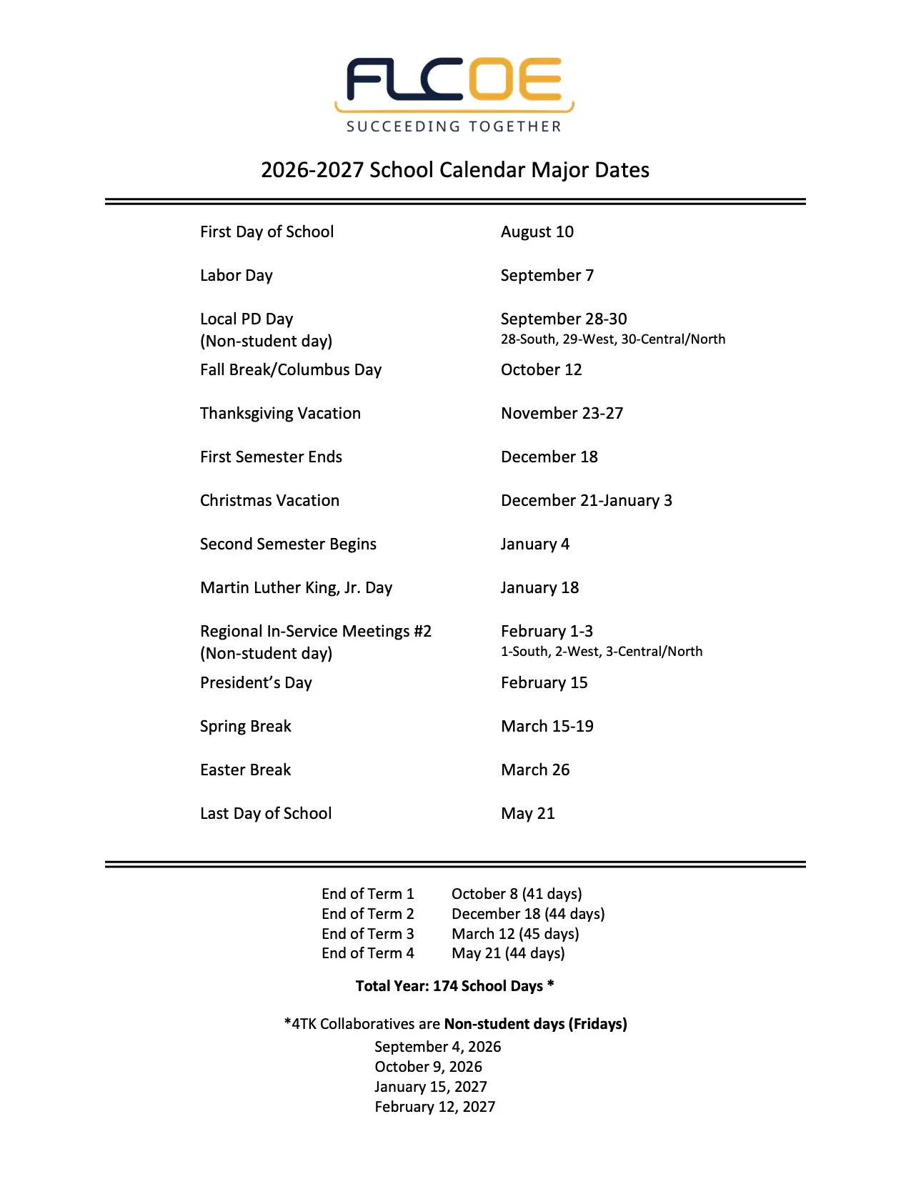 FLCOE 2026–2027 school calendar of major dates with a two‑column list of events and dates at the center of the page